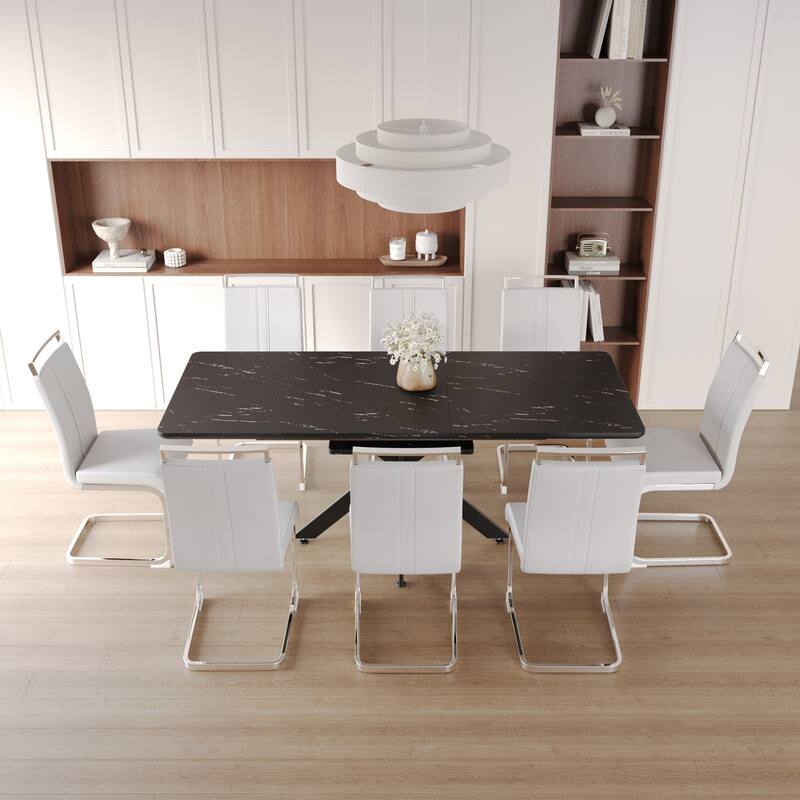 Modern Dining Set with Rectangular Extendable Large Table & C-shaped Tube Soft Padded Armless Chairs