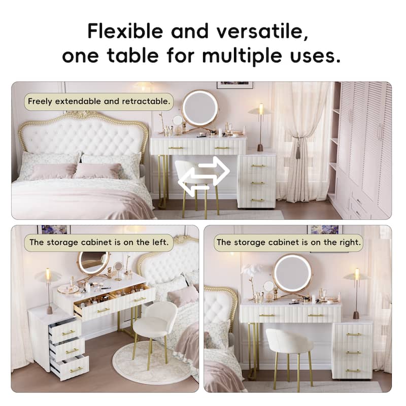 Roomfitters Velvet Upholstered Vanity Desk with Chair, Makeup Table Set with 5 Drawers, Padded Chair and Marble-Top
