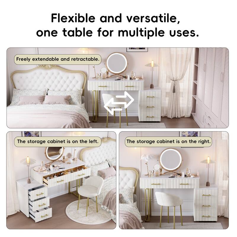 Velvet Upholstered Makeup Vanity Desk with 5 Storage Drawers, Marble-Look Sticker Top Dressing Table and Padded Makeup Chair Set