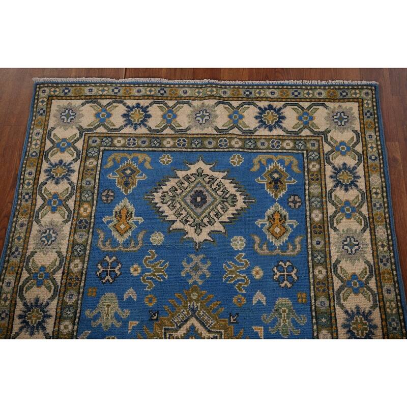 Blue Geometric Kazak Rug Handmade Oriental Wool Carpet - 3'4" x 5'0"