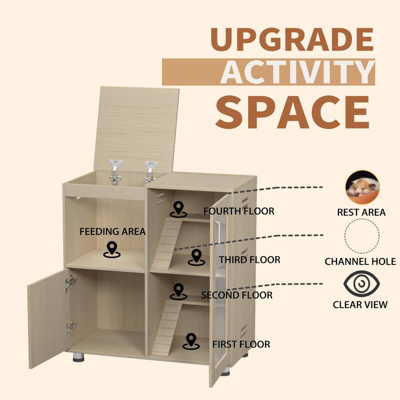 Hamster Cage,Small Animal Cage,4-Tier Guinea Pig Cage Wood with Acrylic Windows,Storage Cabinet,Openable Top