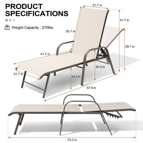 dimension image slide 3 of 9, Outdoor Patio Lounger Aluminum Adjustable Chaise Lounge Chairs with Arms (Set of 2/4) - See Picture