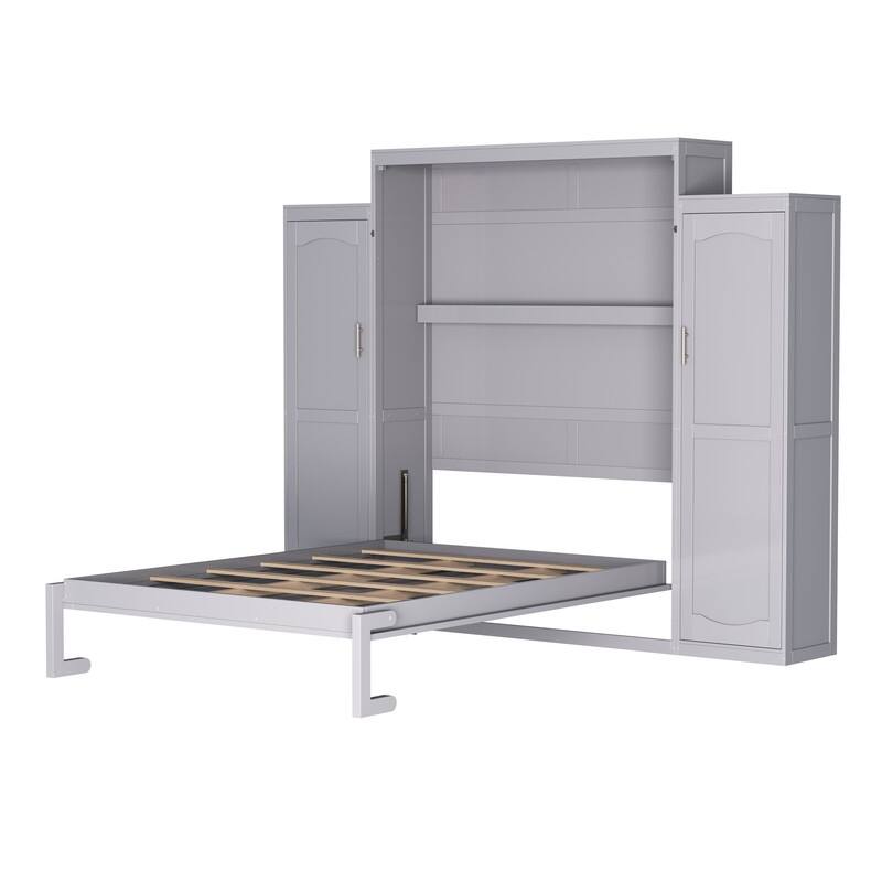 Full Size and Queen Size Murphy Bed, Wooden Queen Wall Bed with 2 Wardrobe and Storage Shelf