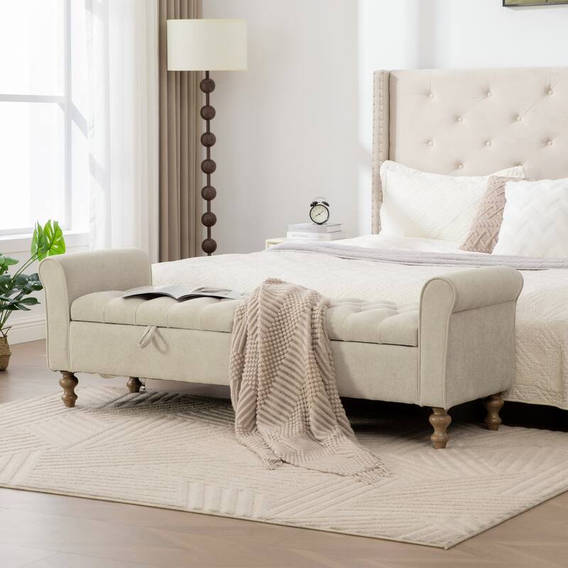 65.7"W Tufted Upholstered Storage Bench With Double Lids,Rubberwood Legs