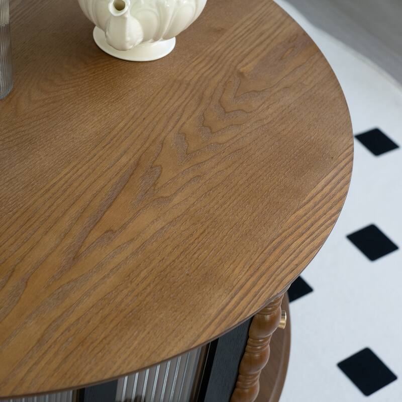 GDFStudio Theryn Real Wood Veneer Round Coffee Table with Three-Door Storage