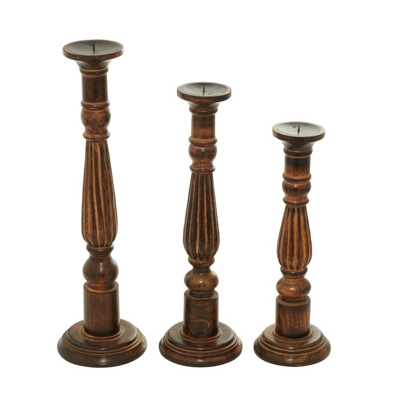 Brown Mango Wood Tall Turned Decorative Candle Holder (Set of 3)