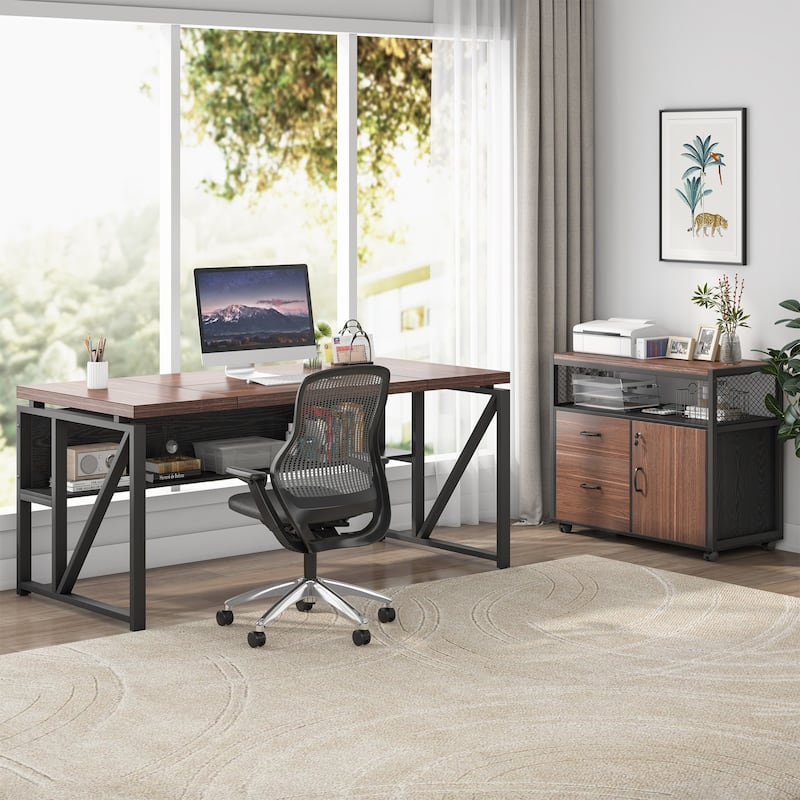 L Shaped Desk with Drawer, Executive Desk and lateral File Cabinet, 2 Piece Home Office Furniture
