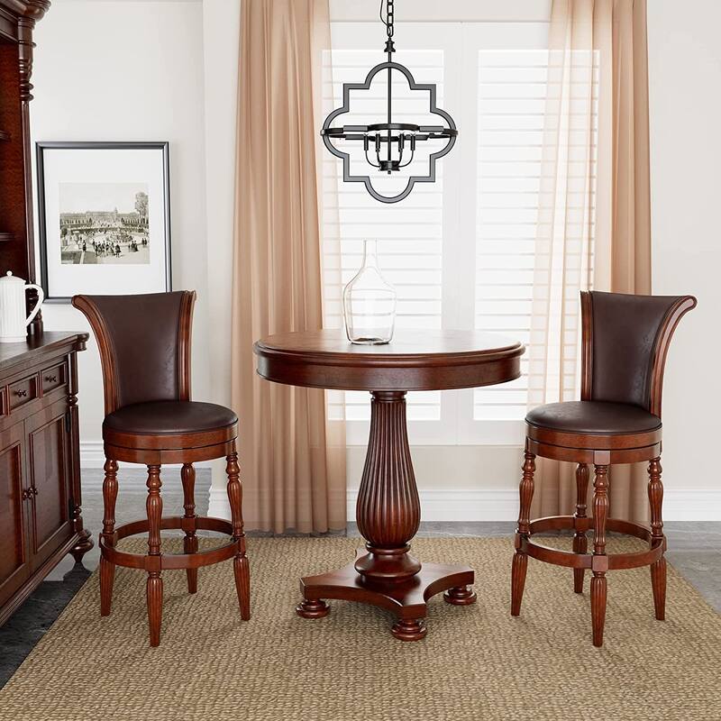 Solid Wood Swivel Bar Stool Carved Hardwood Rotatable Pub Height Stools - Set of 2 -  Cherry Burgundy