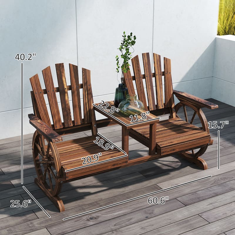 Fir Wood Wagon Wheel Outdoor Garden Bench with Table - 60.6" W x 25.6" D x 40.2" H