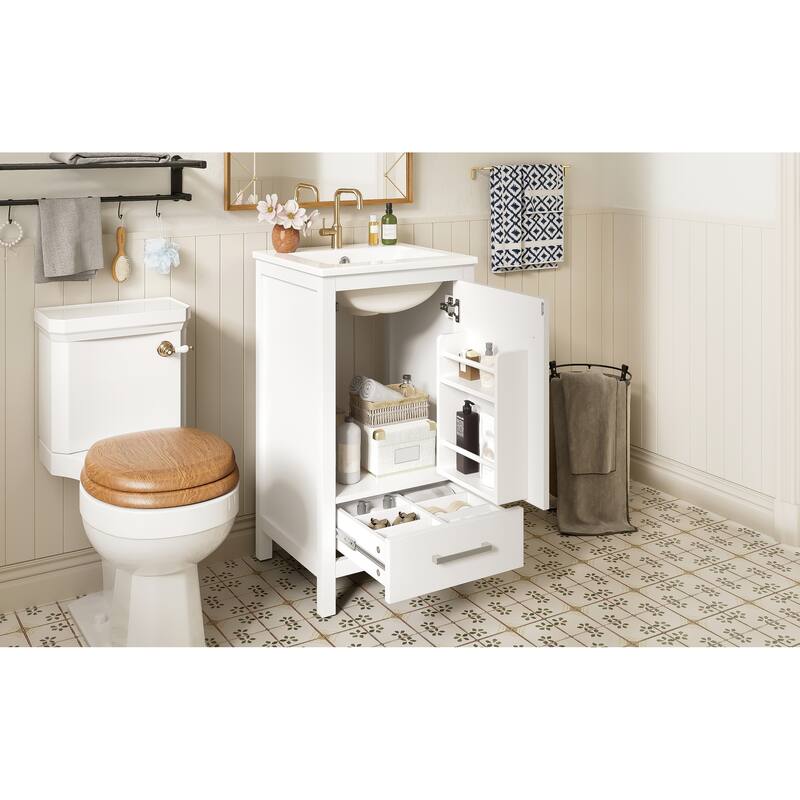 Bathroom Vanity with Ceramic Sink, Freestanding Single Vanity Set, Storage Cabinet with Divider Drawer & Door Shelf