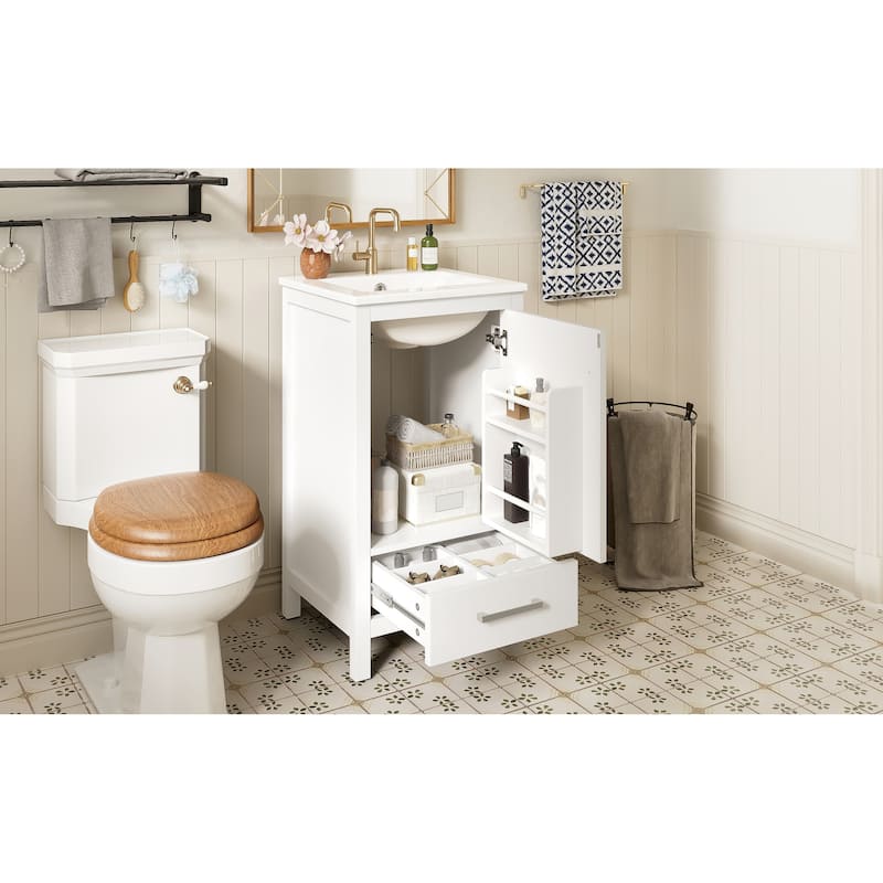 Roomfitters 18" Modern Bathroom Vanity with Ceramic Sink, Soft-Close Drawer, Divider Drawer and Door Organizer