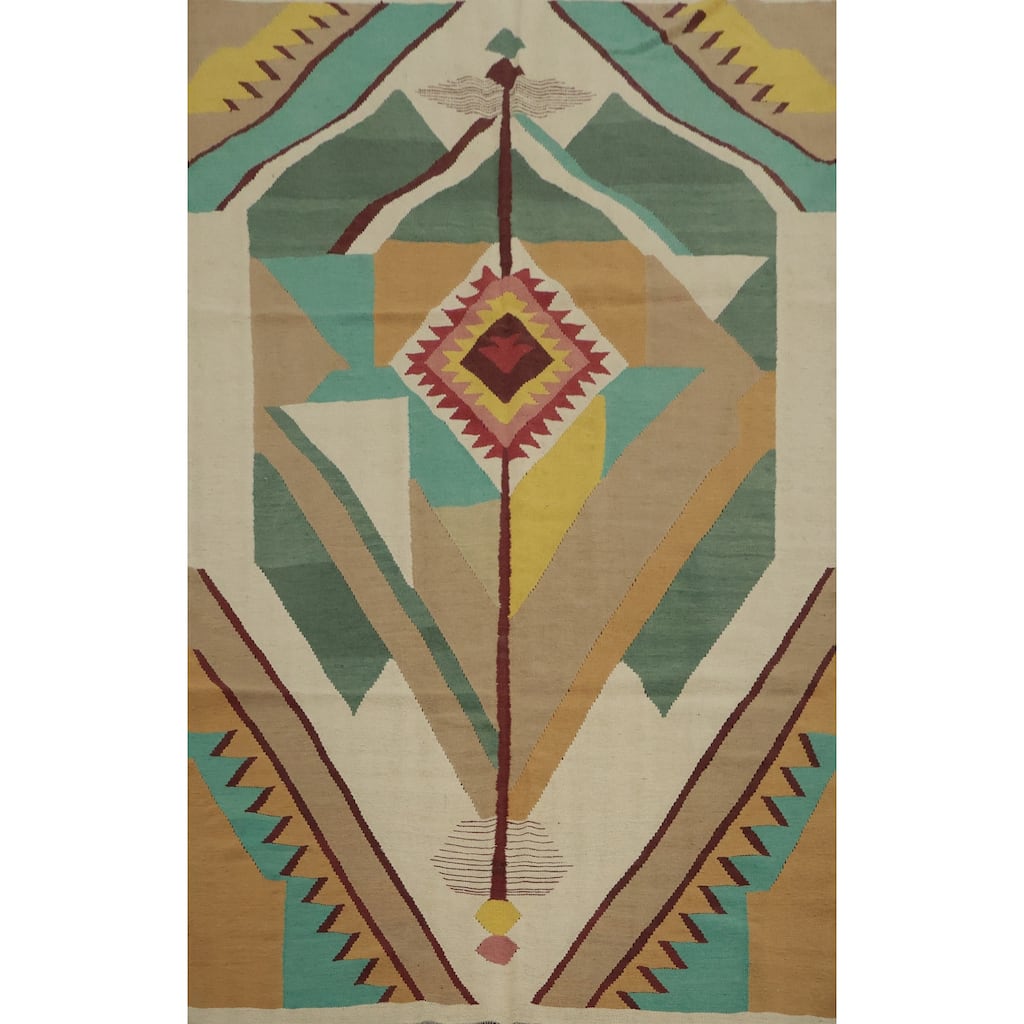 Hand Woven Oriental 100% Wool Carpet Southwestern Tribal Multi-Colored Kilim Area Rug - 8' 8'' X 6' 0''