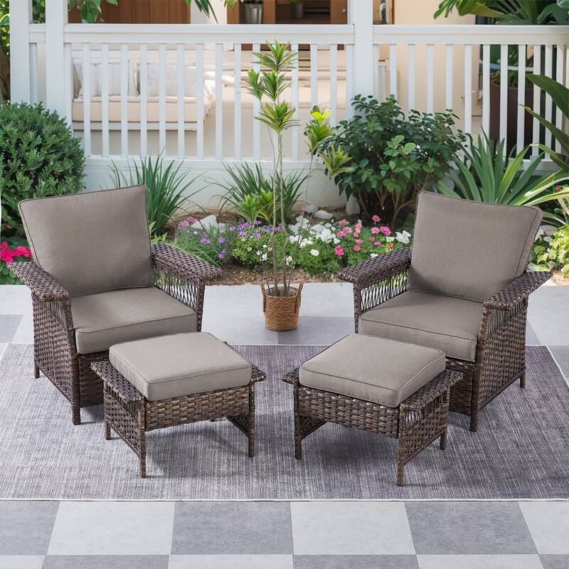 Gymojoy 4PCS Chairs Outdoor Patio Rattan with Ottoman - Brown - Grey