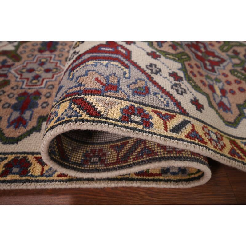 Geometric Kazak Runner Rug Hand-Knotted Beige Wool Carpet - 2'6"x 9'10"