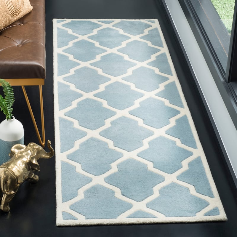 SAFAVIEH Handmade Chatham Rinske Modern Moroccan Wool Rug - 2'3" x 9' Runner - Blue/Ivory