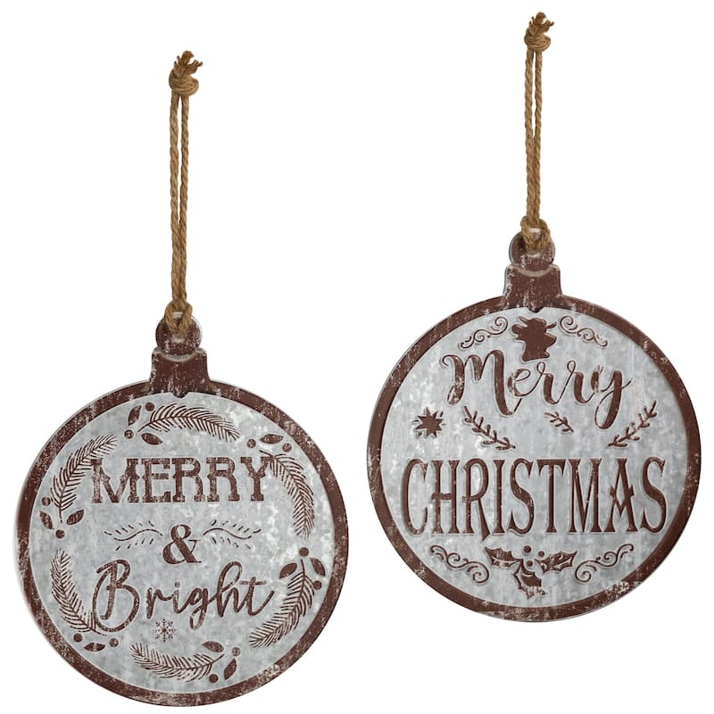 Merry Christmas and Merry and Bright Wall Signs - 14" - Gray and Brown - Set of 2