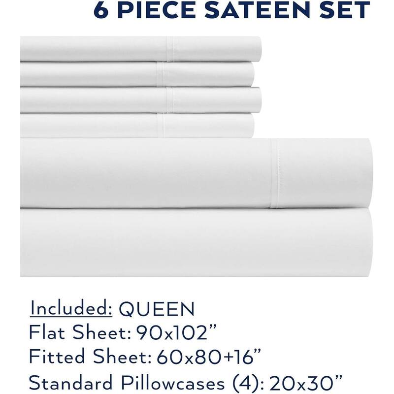Thomasville 1500 Thread Count White 6 Piece Premium Cotton Rich Sateen Sheet Set - Queen