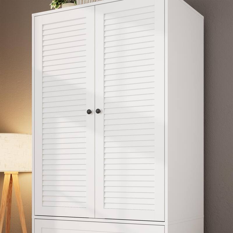 69.5" Wooden Armoire Wardrobe Closet with Louvered Doors, Drawers & Hanging Rod, Natural Finish Storage Cabinet