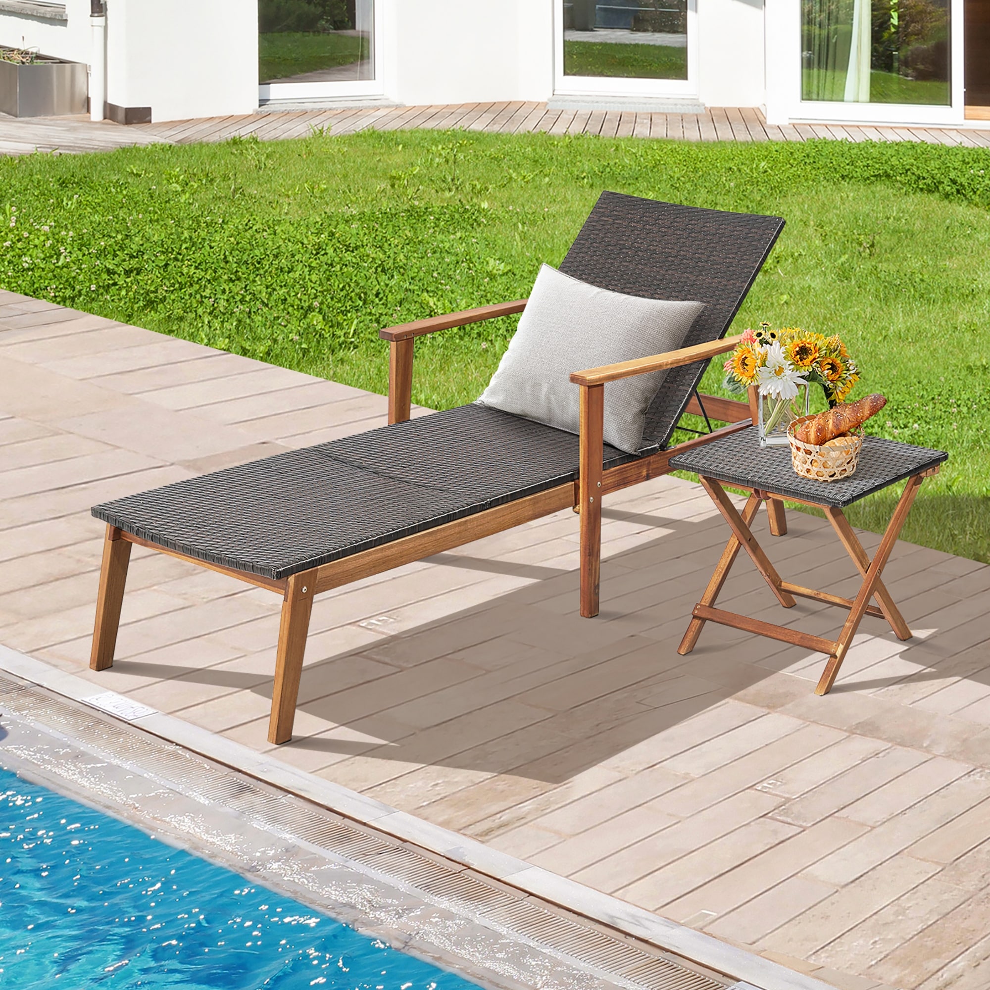 Gymax 2PCS Patio Lounge Chair Adjustable Recliner Chair Acacia