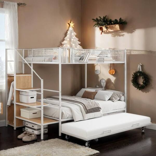slide 2 of 23, Artsy Twin Over Full Metal Bunk Bed, Versatile Bed Configuration with Trundle and Lateral Storage Ladder and Wardrobe White