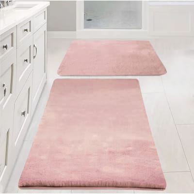 2 Piece Rose Ultra Soft Faux Fake Fur Rabbit Non-Slip Absorbent Bathroom Bath Mat Set
