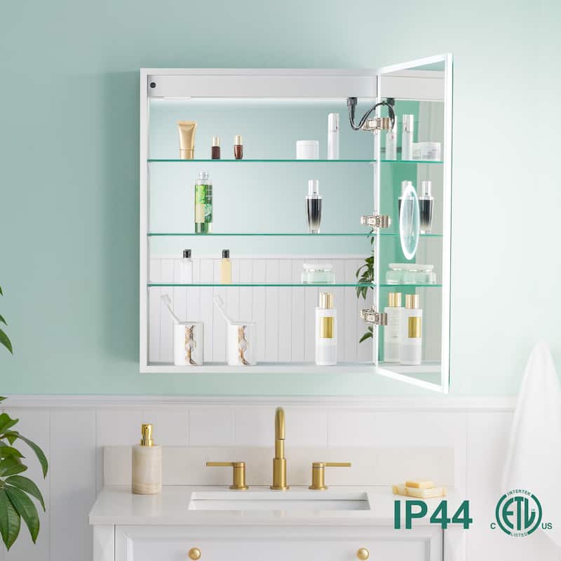 30'' H Recessed or Surface Frameless LED Mirror Cabinet With Defogger, Dimmer, Outlets & USB Ports 