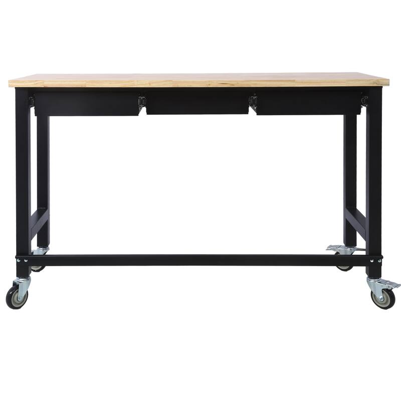 Heavy Duty 60-Inch Mobile Workbench with Solid Wood Top and Storage Drawers for Garage Home Office