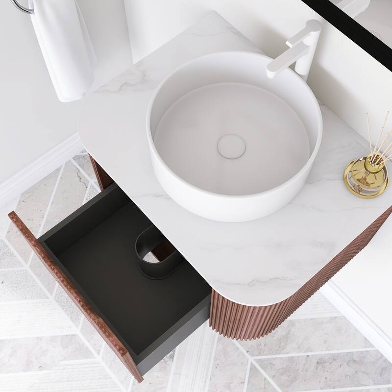 Plywood Wall-Mounted Bathroom Vanity Set with Integrated Ceramic Sink in Natural Wood