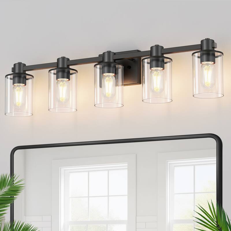 YANSUN 31.5 in. 5-Light Black Metal Vanity Light with Round Clear Glass Shades for a Sophisticated Look - 31.5*5.27*7.87