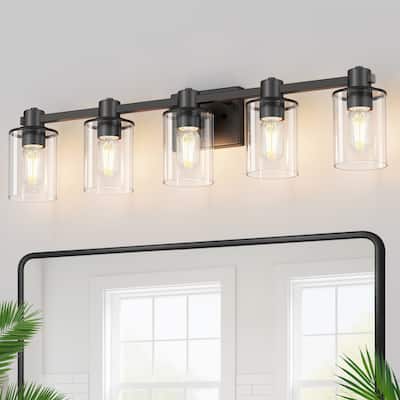 YANSUN 31.5 in. 5-Light Black Metal Vanity Light with Round Clear Glass Shades for a Sophisticated Look - 31.5*5.27*7.87