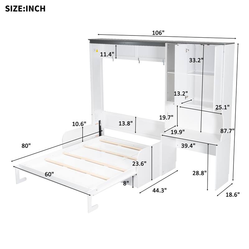 Space-saving Foldable Bed Design Murphy Bed Foldable Platform Bed with Sofa, All-in-one Storage Bookcase Cabinet and Desk