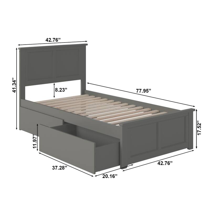AFI Madison Twin Size Platform Bed with Matching Footboard & Storage in Grey