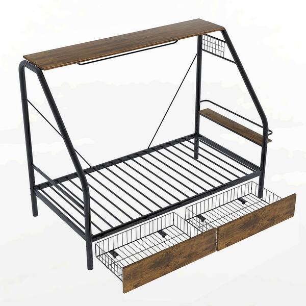 slide 2 of 8, Twin Size Metal Storage Platform Bed with Clothes Rack, Black Black - Twin