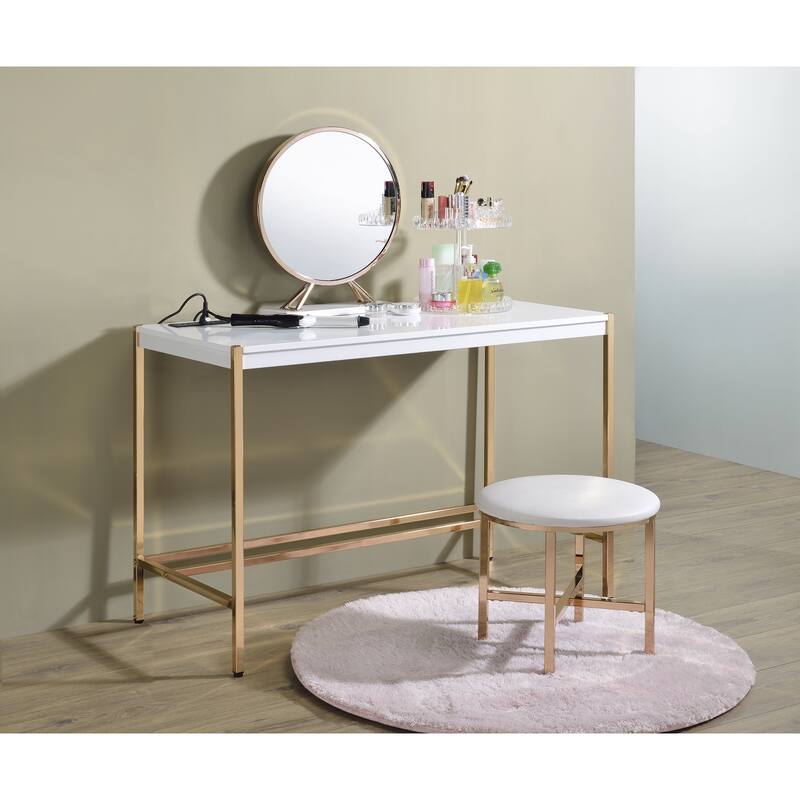 Contemporary Writing Desk with USB Charging Port, High Gloss Finish and Metal Base for Home Office or Study