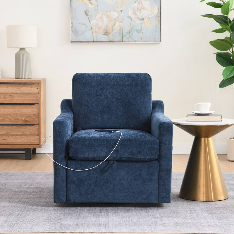 Swivel Arm Chair with Soft Chenille Fabric - Navy Blue