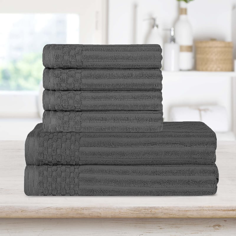Superior Ribbed Cotton Absorbent Heavyweight Hand Towel and Bath Towel Set - Charcoal