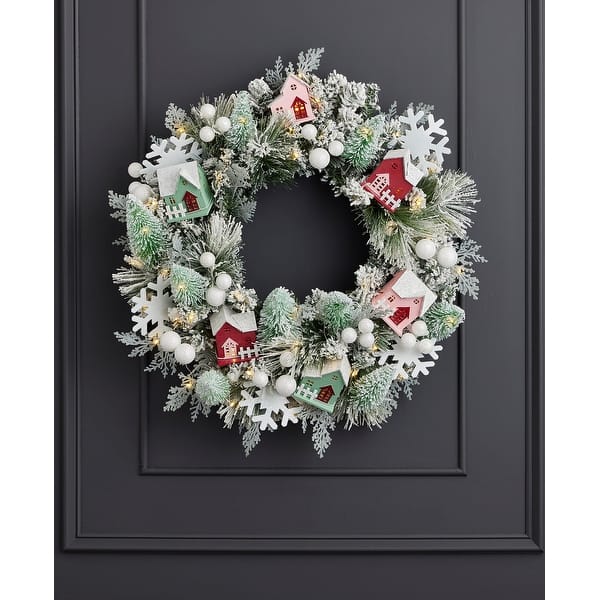 slide 2 of 4, Snowy Cottage Wreath 26in Pre-Lit with 50 LED Fairy Lights B/O