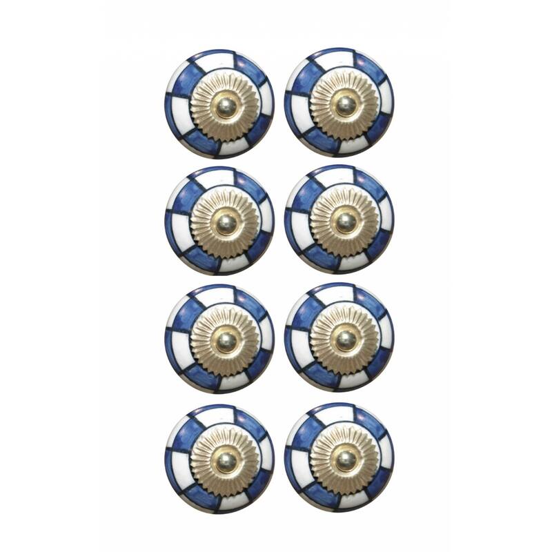 Blue and White Ceramic Geometric Drawer Knobs Set of 8 with Screws - 1.5” x 1.5” x 1.5” (D x W x H)