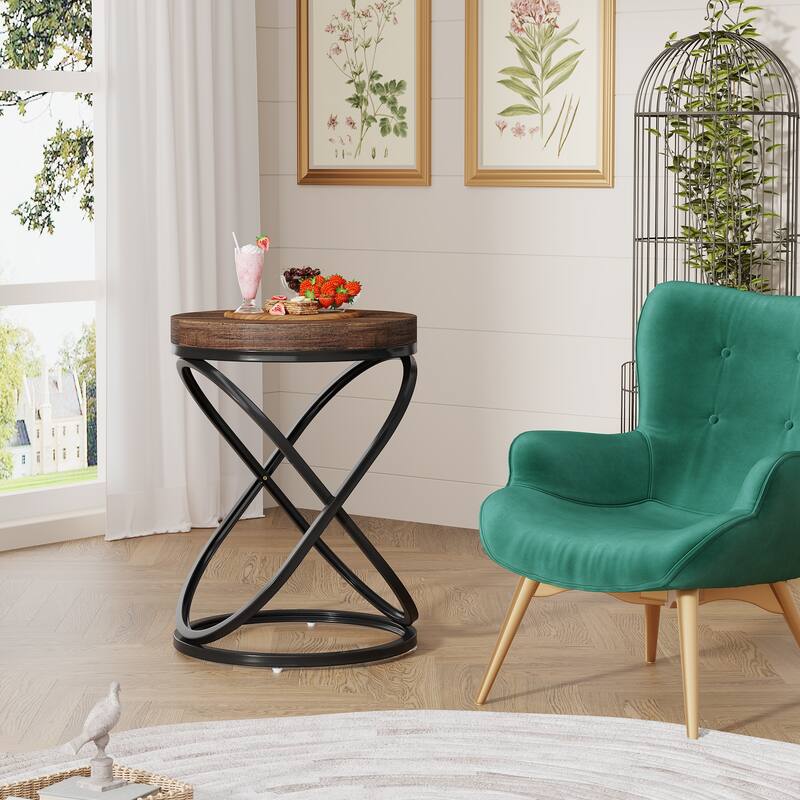 Round White and Gold End Table, 26 Inches Faux Marble Top Nightstands Sofa Side Table