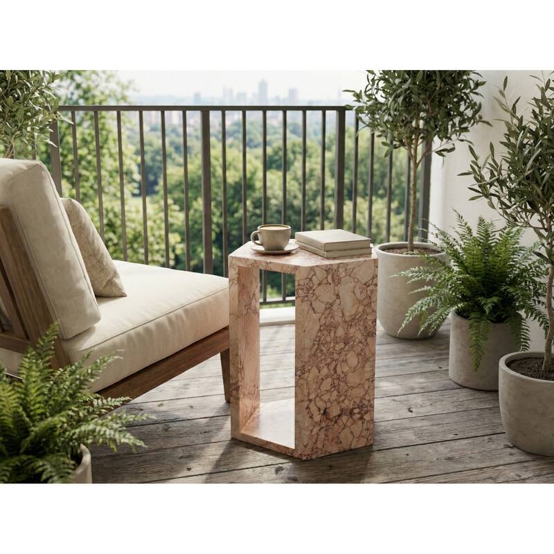 Roomfitters Luxury Natural Marble Hexagon Side Table, Solid Stone Geometric Pedestal End Table, Polished Finish - Pink