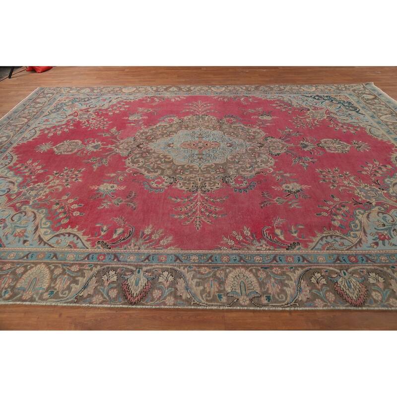 Pink Medallion Tabriz Persian Area Rug Hand-Knotted Wool Carpet - 9'0"x 12'7"