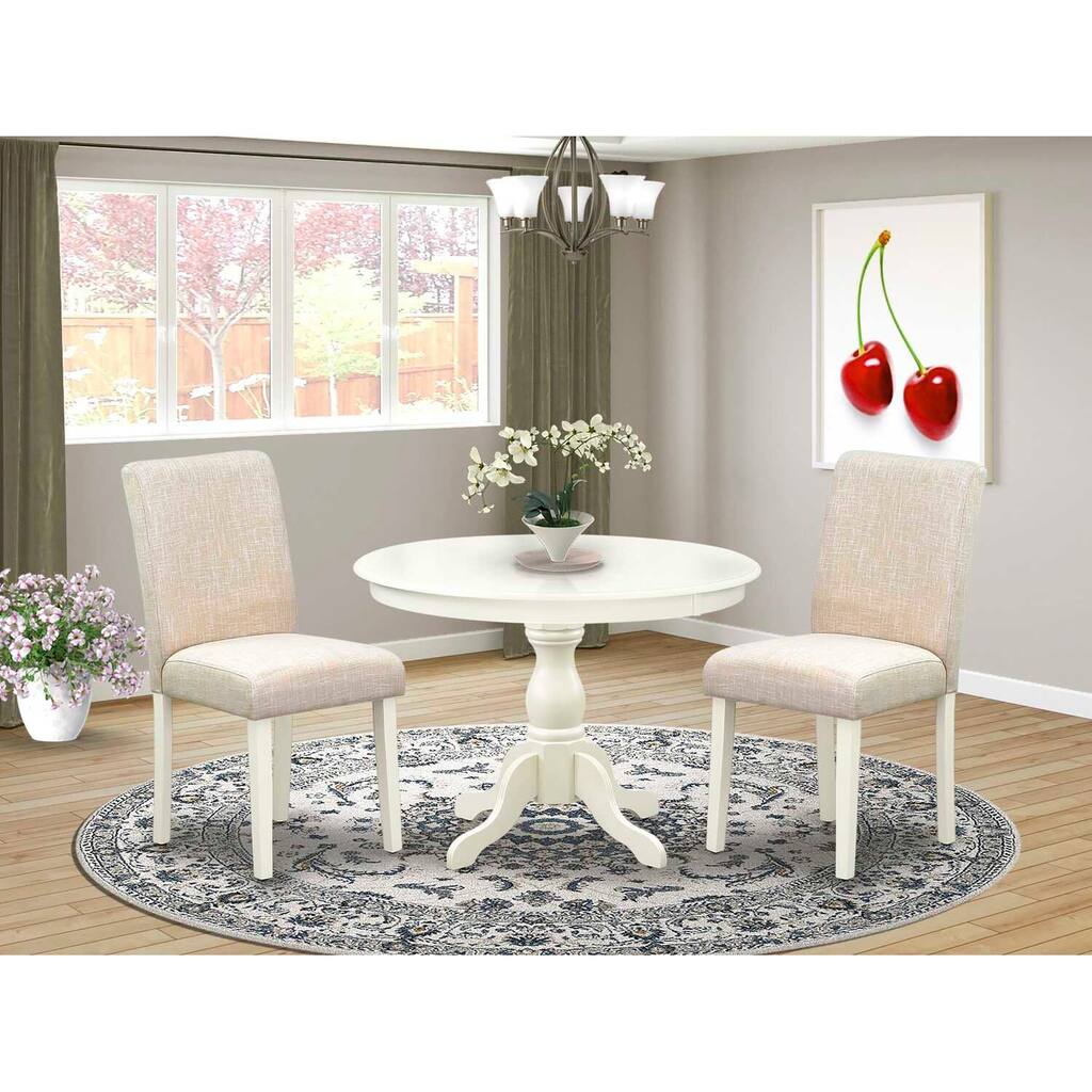 3-Piece Linen White Finish Solid Wood Top-Round Dining Room Set with High Back-Seats 4