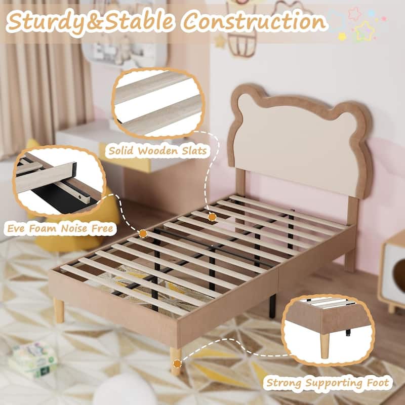 VECELO Teddy Bear Kids Bed Frame Adjustable Headboard Light Brown Finish Twin Beds for Kids No Box Spring Needed