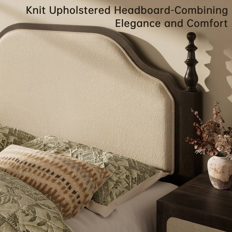 Classic Turned Post Wood Bed Frame with Upholstered Headboard, Sturdy Screw-Free Slats and Noise-Free Support