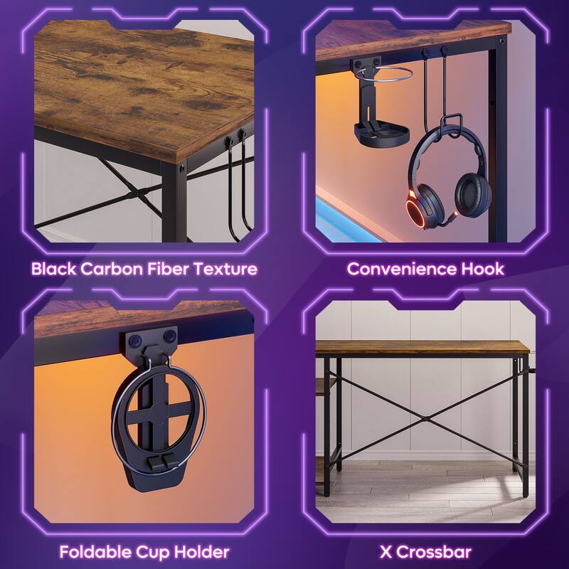 Bestier 44 in. Rectangular Gaming Desk with 4 Tier Storage Shelves Computer Desk with RGB LED Lights