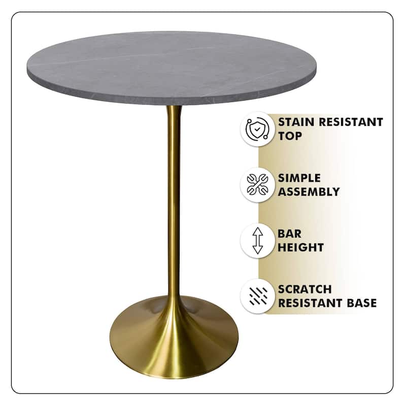 LeisureMod Verve 27" Bar Dining Table with Sintered Stone Round Top in Gold Steel, Gold Marbleized