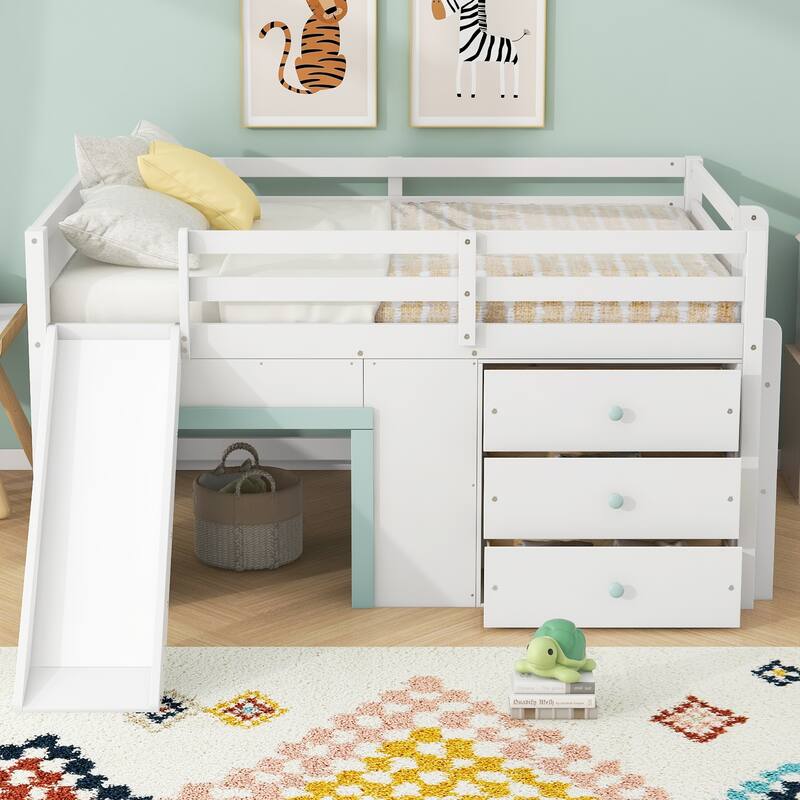 Full Size Low Loft Bed with Slide, Stairs, and Storage by Harper&Bright Designs - White