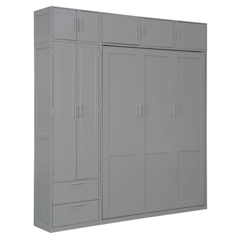 All-in-one Bookcase Murphy Bed Wood Foldable Hidden Bed Wall Platform Bedframe Chest Queen Bed wTop Cabinet & Storage Headboard