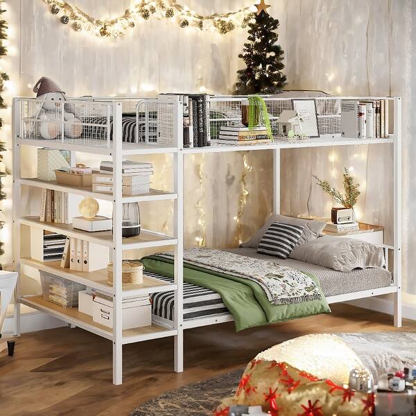 slide 2 of 20, Twin over Full Metal Bunk Bed with 5-Tier Shelves White