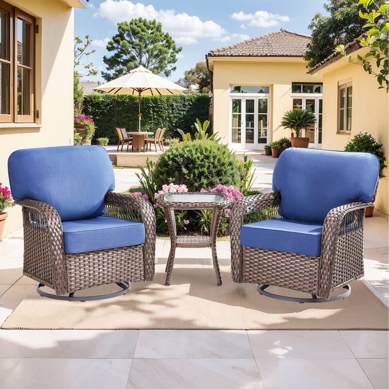 Pocassy Patio Outdoor Sofa Ottoman with Swivel Chair Table - Brown Wicker Blue Cushion - 3-Piece Swivel Chair with Side Table